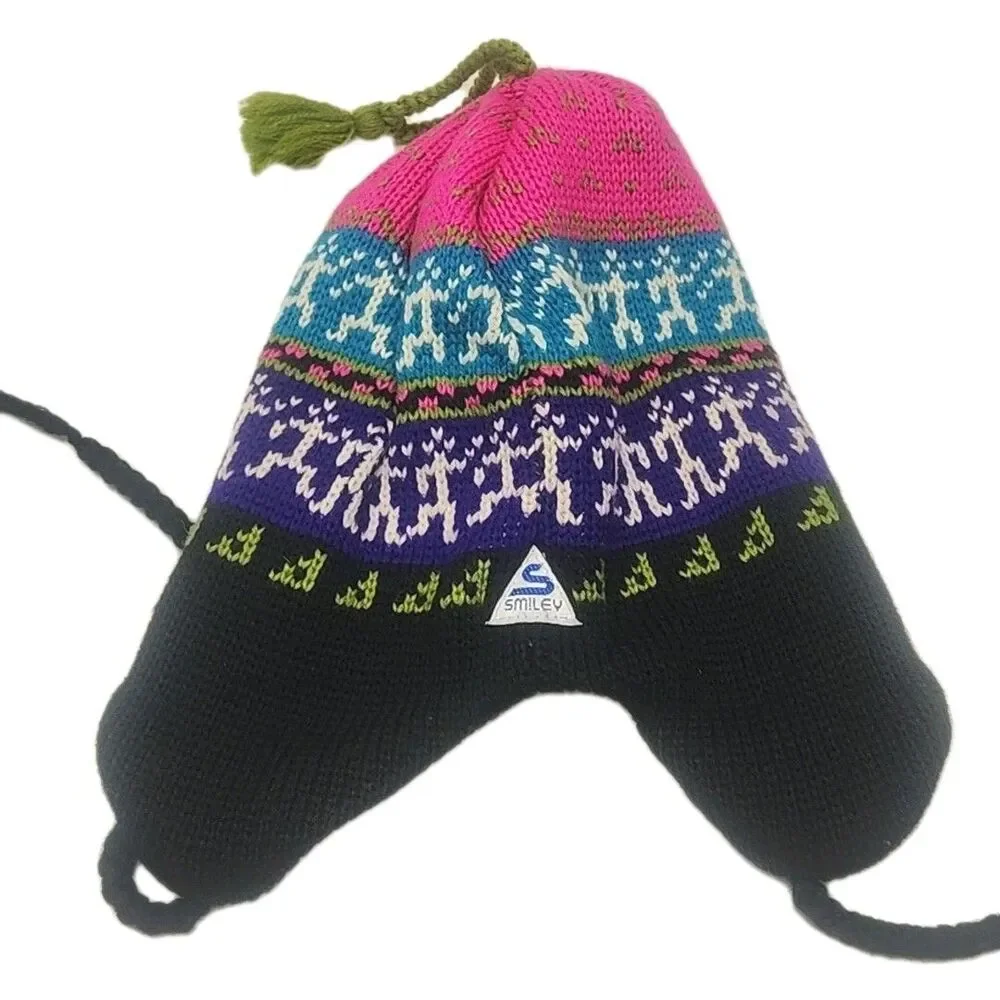 Smiley Beanie Ski Cap Hat 100% Wool Ear Flap Tassels Pink Blue Black Green USA